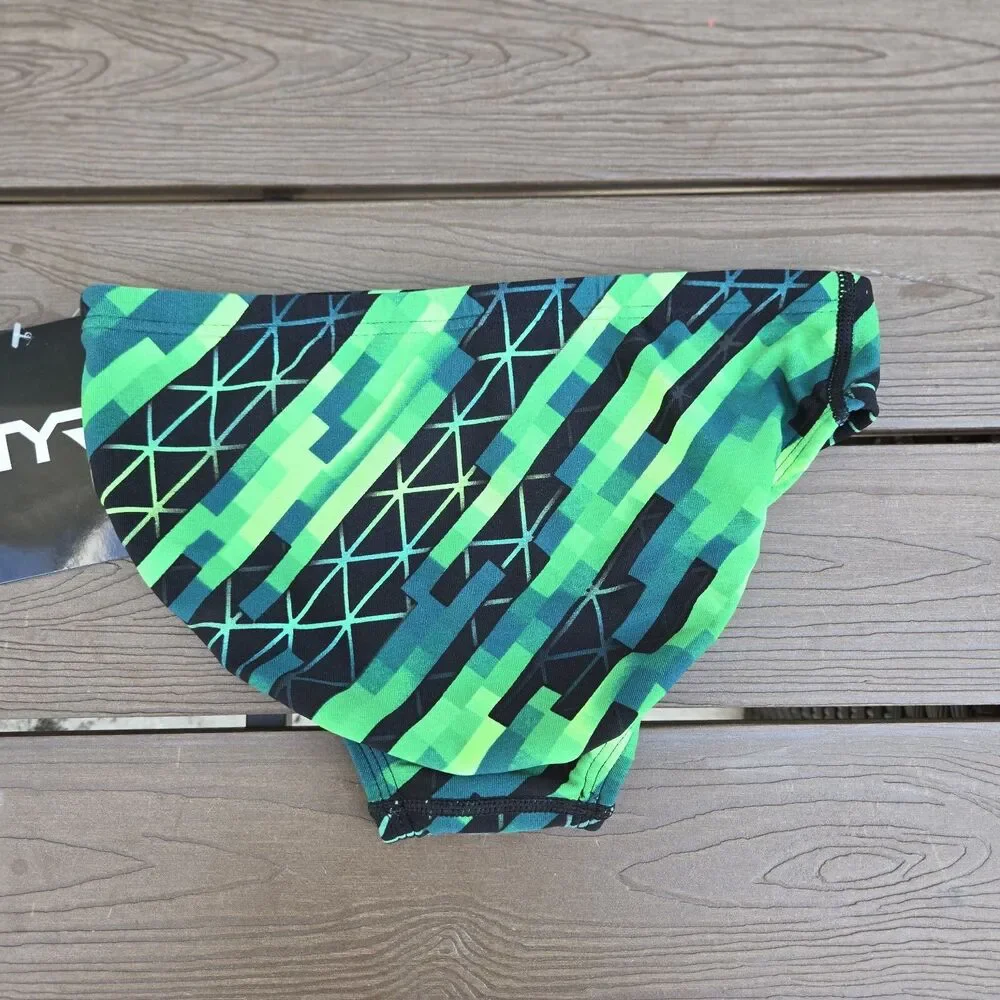 TYR Boy's Men's Echo Dash Geometric Green Swim Racer Briefs SZ 28 New